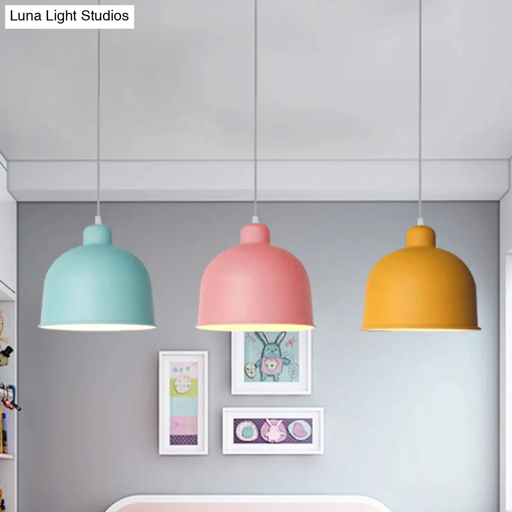 Macaron Style Metal Pendant Light For Dining Room - Single Head Bowl Shape Hanging Lamp