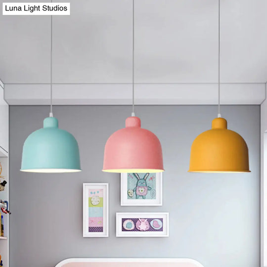 Macaron Style Metal Pendant Light For Dining Room - Single Head Bowl Shape Hanging Lamp