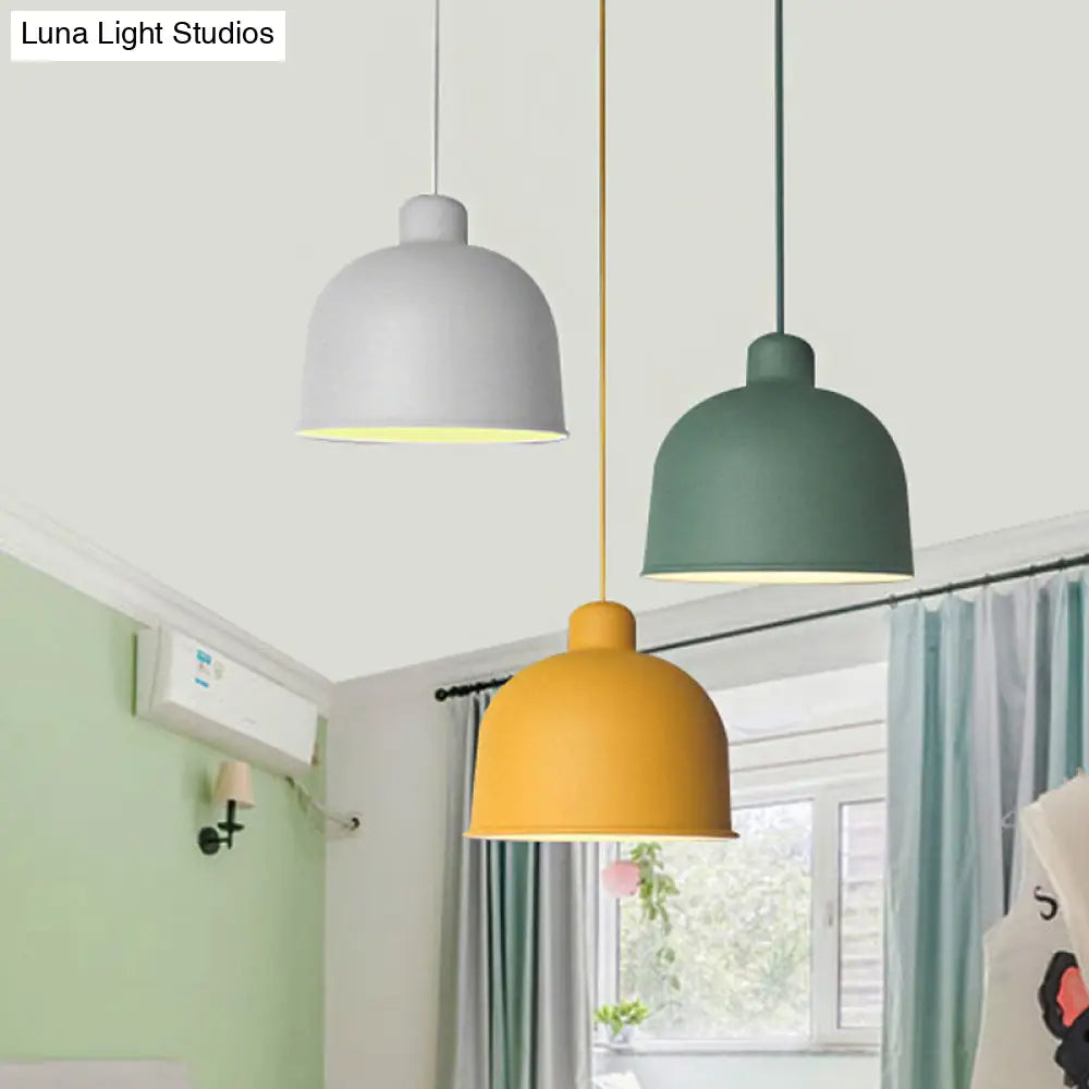 Macaron Style Metal Pendant Light For Dining Room - Single Head Bowl Shape Hanging Lamp