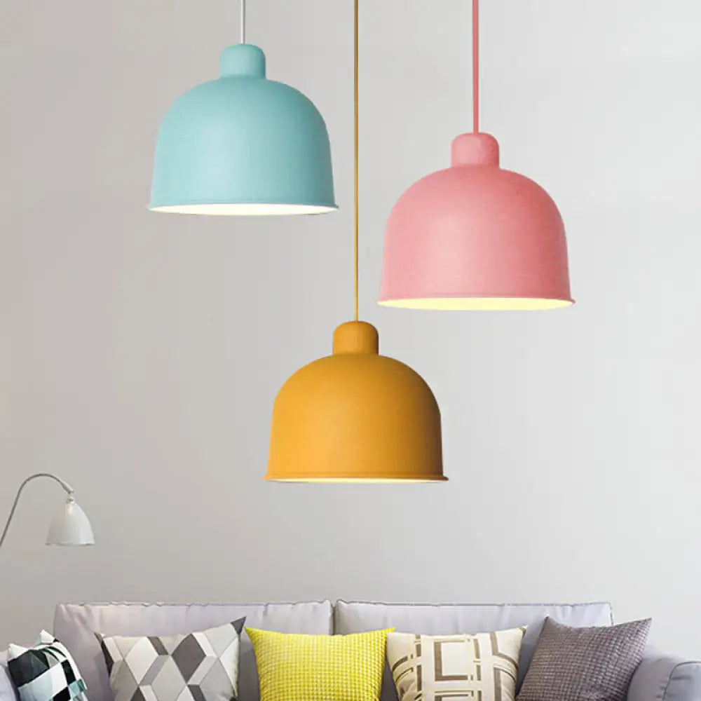 Macaron Style Metal Pendant Light For Dining Room - Single Head Bowl Shape Hanging Lamp