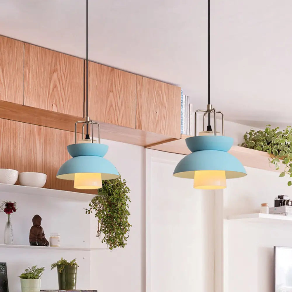 Macaron Style Metallic Ceiling Light For Bedroom With Gray/Pink Bowl Shade Blue