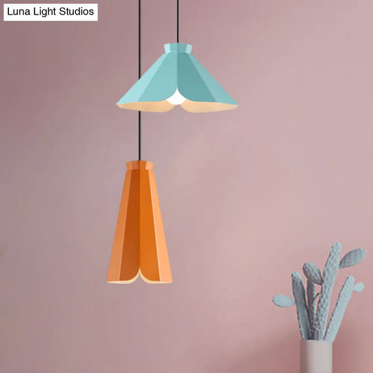 Macaron Style Metallic Pendant Light Fixture - 1 Restaurant Hanging Lamp (Blue/Green/Orange) Orange