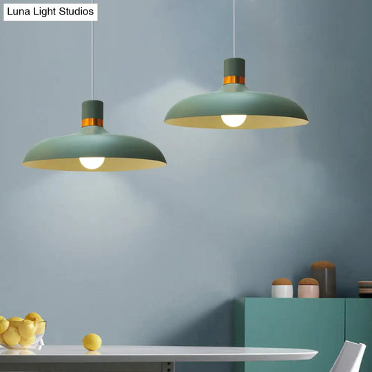 Macaron Style Pendant Lamp: Barn Shade Aluminum Restaurant Ceiling Light Fixture In Grey/Blue Green