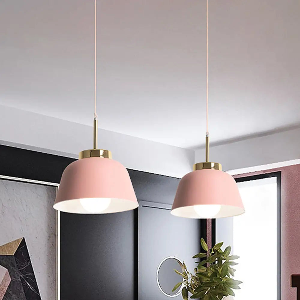 Macaron Style Pink Pendant Ceiling Lamp With Iron Bowl Shade - 1-Light Dining Room Hanging Fixture