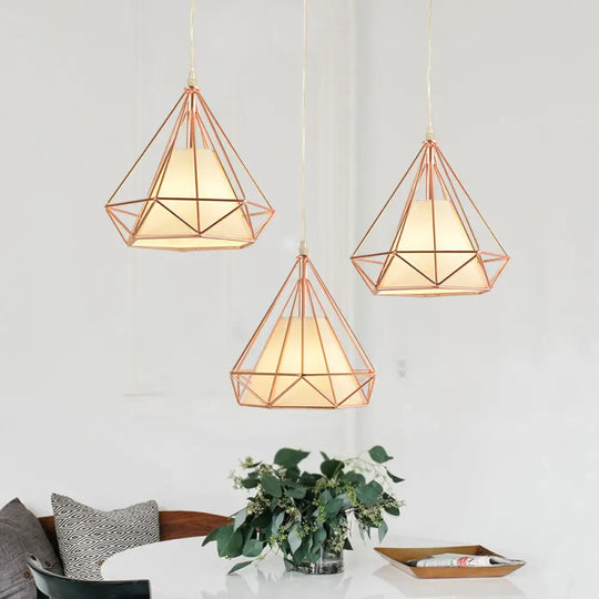 Macaron Style Rose Gold Diamond Cage Ceiling Light – Metal And Fabric Pendant For Coffee Shops