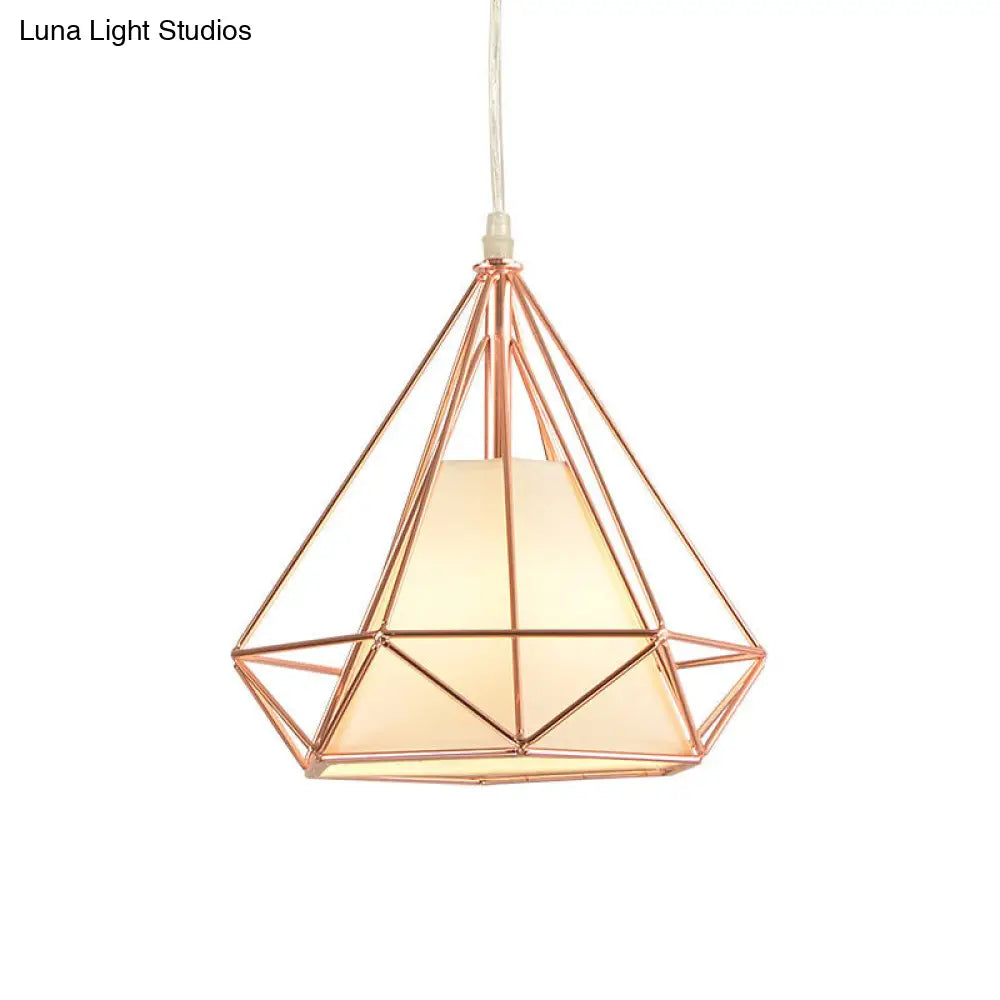 Rose Gold Diamond Cage Macaron Style Ceiling Light With Fabric Shade - Perfect For Coffee Shop