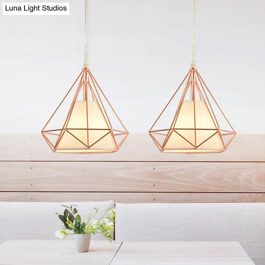 Macaron Style Rose Gold Diamond Cage Ceiling Light – Metal And Fabric Pendant For Coffee Shops