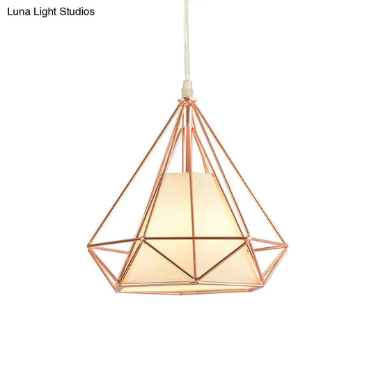 Macaron Style Rose Gold Diamond Cage Ceiling Light – Metal And Fabric Pendant For Coffee Shops