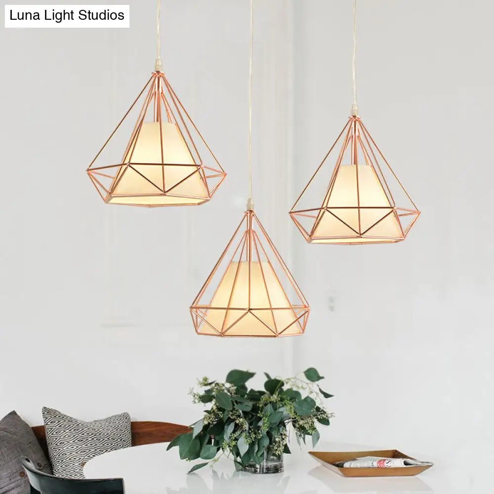 Rose Gold Diamond Cage Macaron Style Ceiling Light With Fabric Shade - Perfect For Coffee Shop