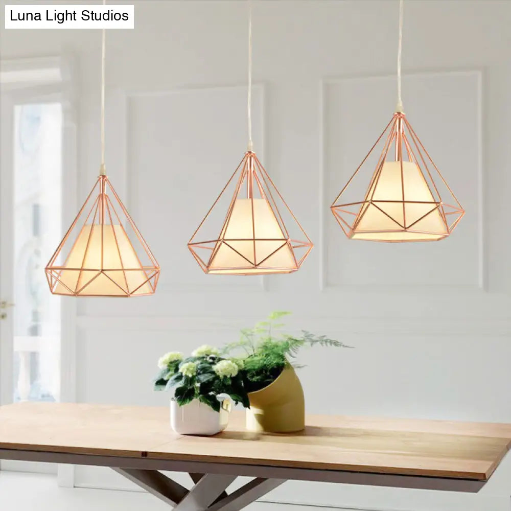 Macaron Style Rose Gold Diamond Cage Ceiling Light – Metal And Fabric Pendant For Coffee Shops