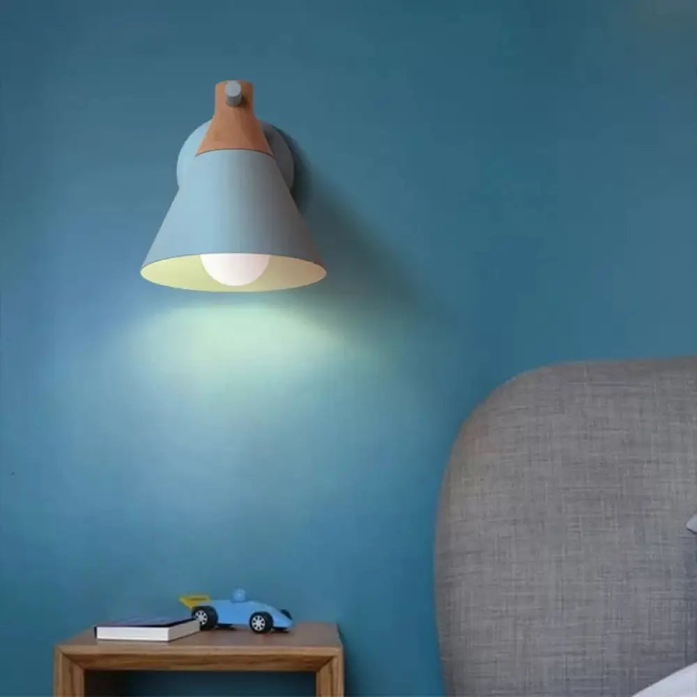 Macaron Style Wall Light With Conical Shade - 1 Head Metal Lamp For Kitchen & Corridor Blue