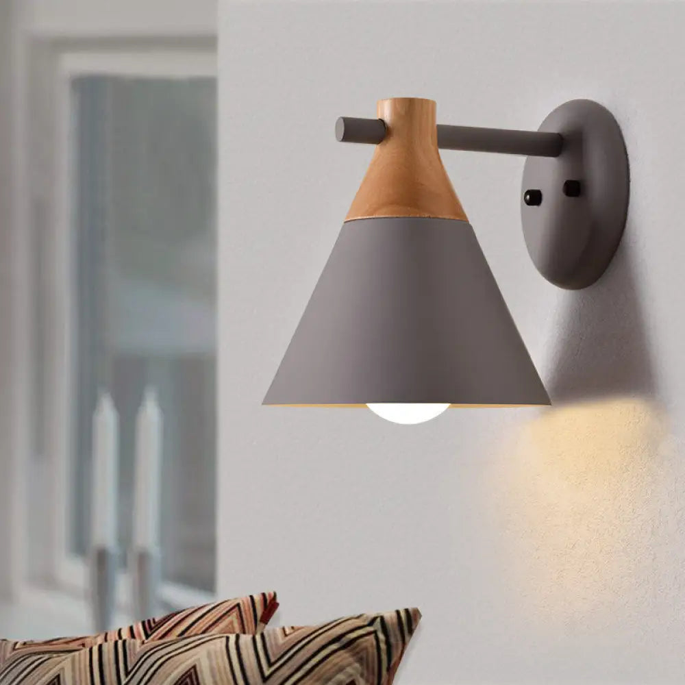 Macaron Style Wall Light With Conical Shade - 1 Head Metal Lamp For Kitchen & Corridor Grey