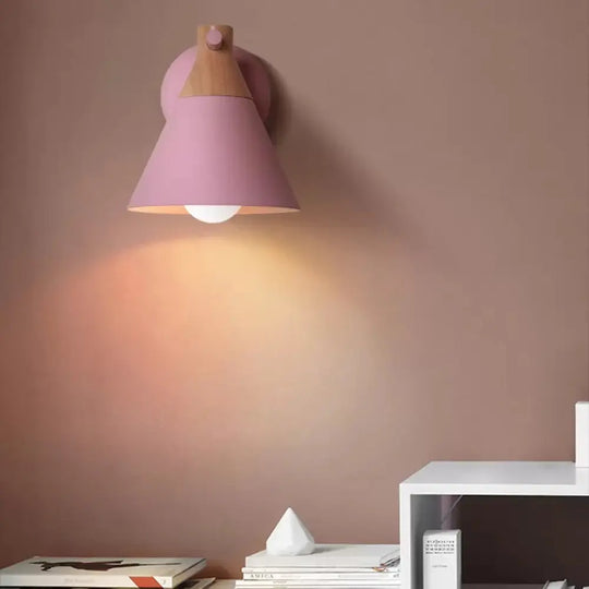 Macaron Style Wall Light With Conical Shade - 1 Head Metal Lamp For Kitchen & Corridor Pink