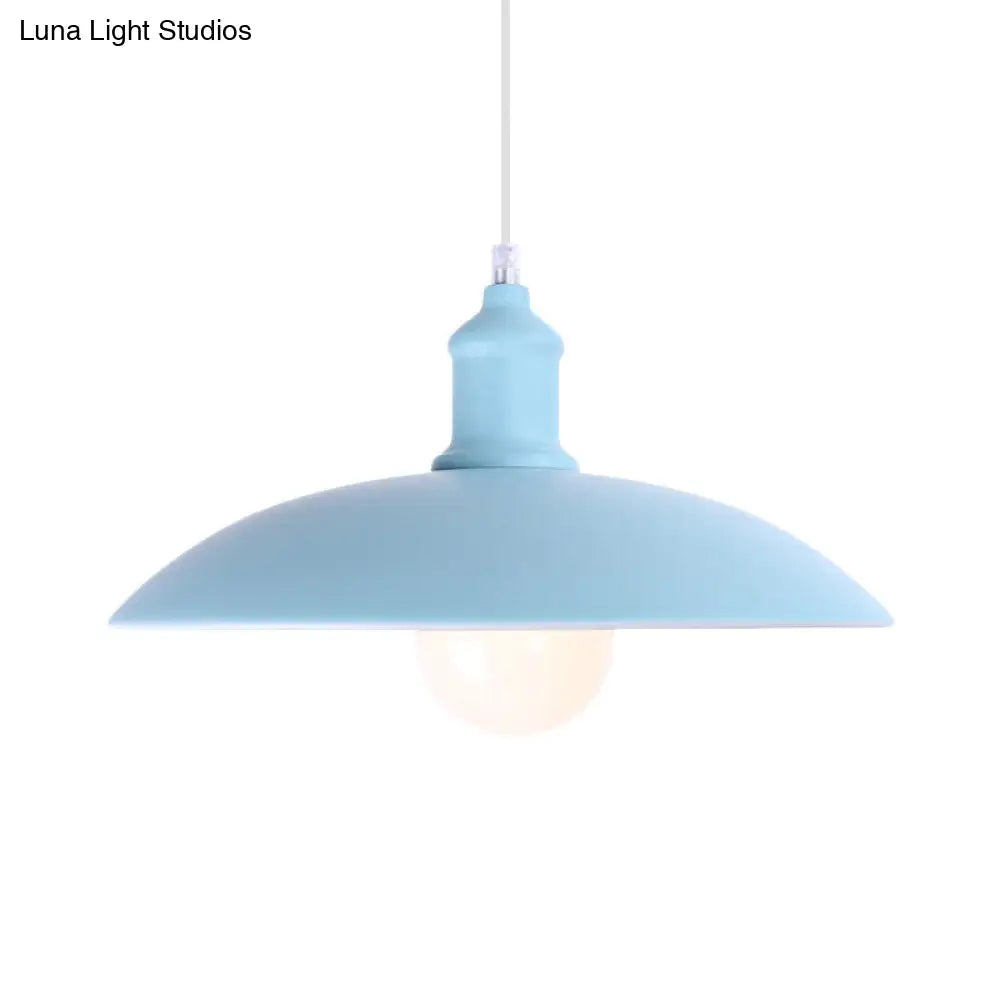 Macaron Stylish Blue/Green Metal Pendant Lamp For Dining Room - 1-Light Bowl Suspension Light