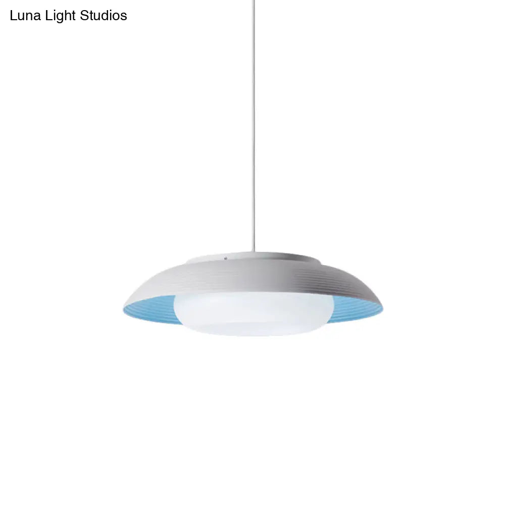 Macaron Wide Bowl Pendant Light - Black/Blue Iron Suspension Lamp With Inner Round Shade For Dining