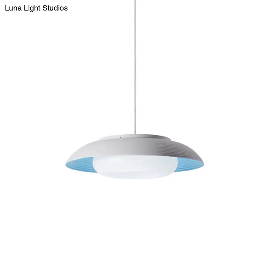 Macaron Wide Bowl Pendant Light - Black/Blue Iron Suspension Lamp With Inner Round Shade For Dining