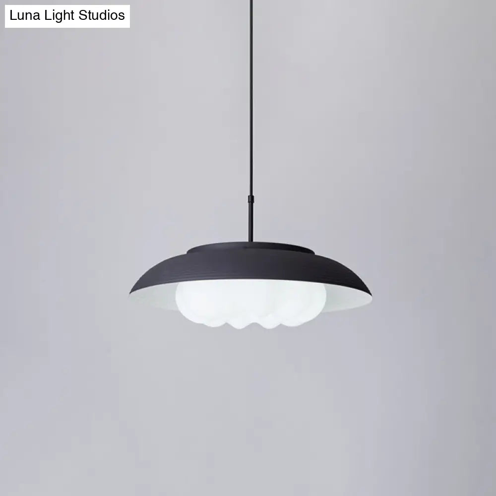 Macaron Wide Bowl Pendant Light - Black/Blue Iron Suspension Lamp With Inner Round Shade For Dining