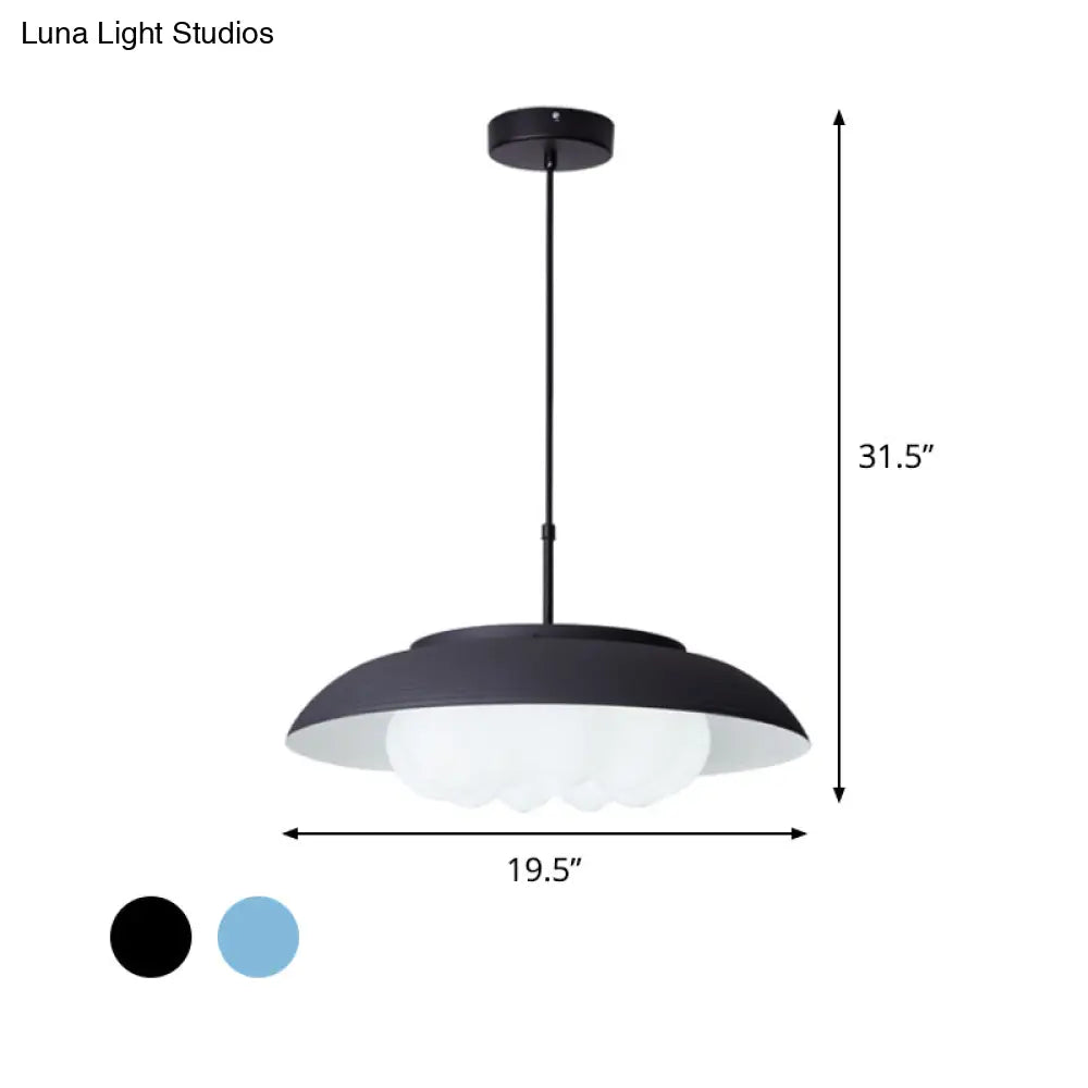 Macaron Wide Bowl Pendant Light - Black/Blue Iron Suspension Lamp With Inner Round Shade For Dining