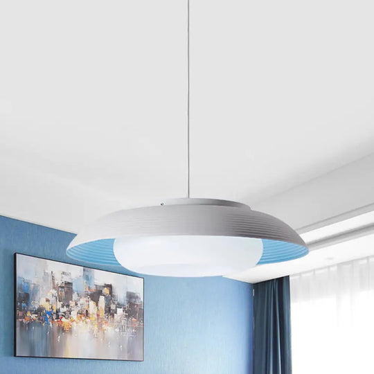 Macaron Wide Bowl Pendant Light - Black/Blue Iron Suspension Lamp With Inner Round Shade For Dining