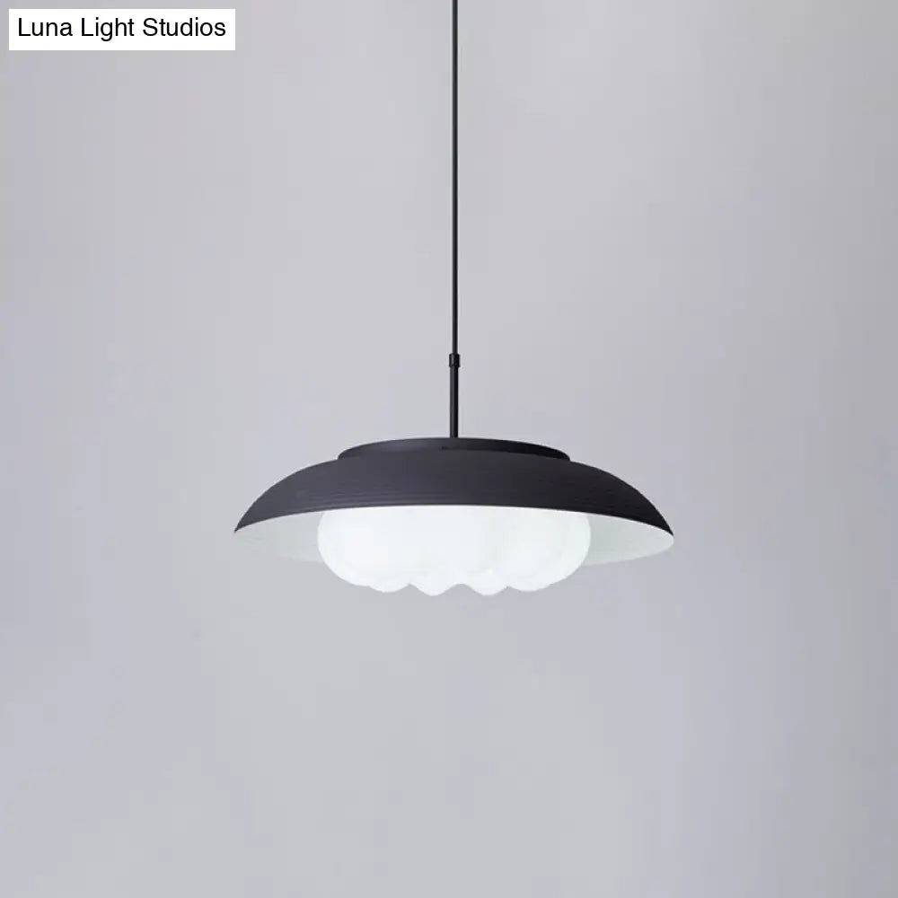 Black/Blue Macaron Wide Bowl Pendant Light With Inner Round Shade - Iron Dining Table Suspension