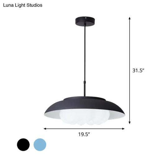 Black/Blue Macaron Wide Bowl Pendant Light With Inner Round Shade - Iron Dining Table Suspension