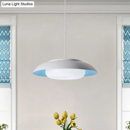 Macaron Wide Bowl Pendant Light - Black/Blue Iron Suspension Lamp With Inner Round Shade For Dining