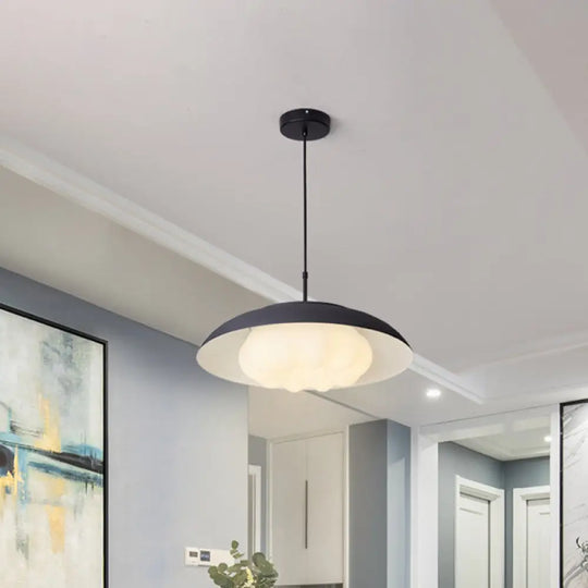 Macaron Wide Bowl Pendant Light - Black/Blue Iron Suspension Lamp With Inner Round Shade For Dining