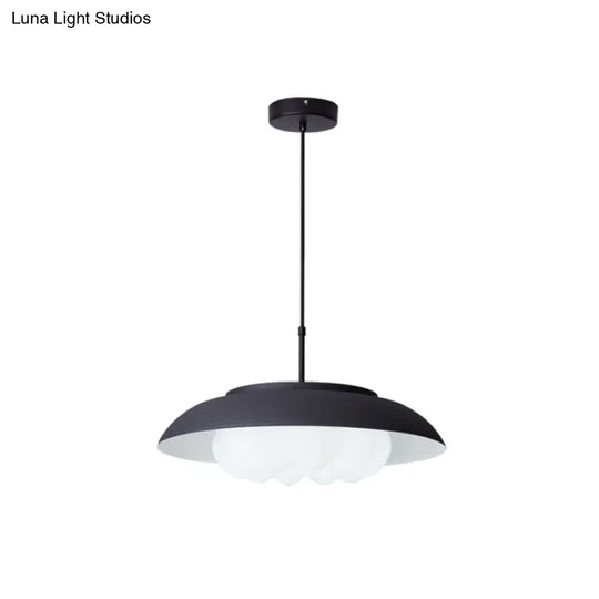 Macaron Wide Bowl Pendant Light - Black/Blue Iron Suspension Lamp With Inner Round Shade For Dining