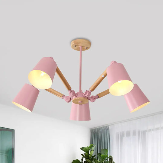 Macaron Wood Ceiling Light: Stylish Bedroom Chandelier For Girls With Adjustable Arm 5 / Pink