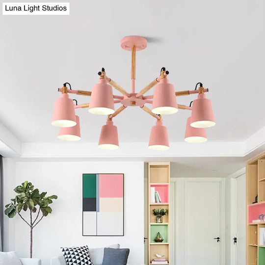 Macaron Wood Chandelier With Metal Shade - 8 Bulb Living Room Pendant Light