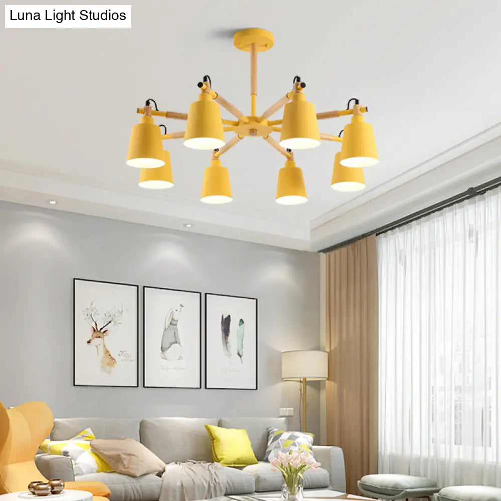 Macaron Wood Chandelier With Metal Shade - 8 Bulb Living Room Pendant Light