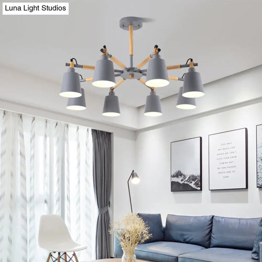 Macaron Wood Chandelier With Metal Shade - 8 Bulb Living Room Pendant Light