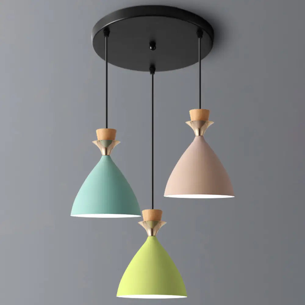 Macaroon 3-Light Cluster Pendant: Vibrant Green Pink And Yellow Cone Metal Shade Hanging Light With