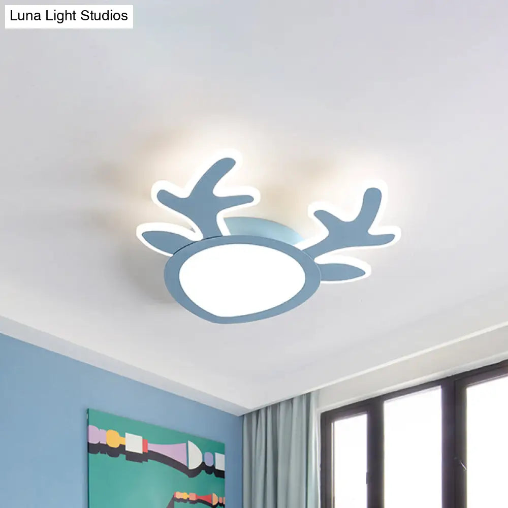 Macaroon Pink/Blue Led Children’s Bedroom Ceiling Light - Antler Iron Flush Mount Lamp