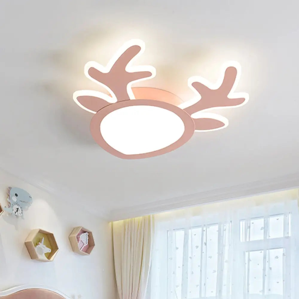 Macaroon Pink/Blue Led Children’s Bedroom Ceiling Light - Antler Iron Flush Mount Lamp Pink