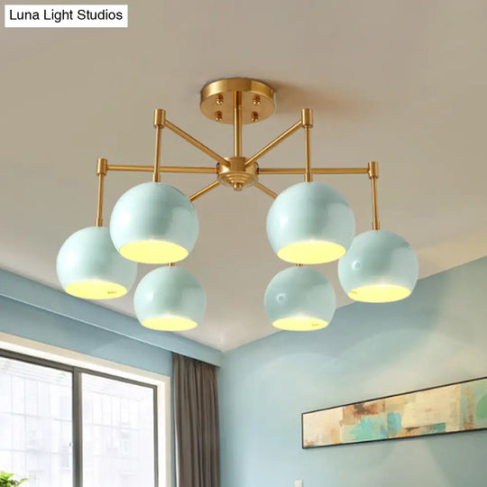 Macron Metal Dome Pendant Light Blue Chandelier For Bedroom - 3/6/8 Lights