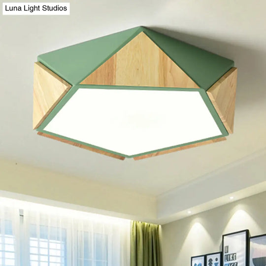 Macron Style Pentagon Study Room Ceiling Lamp In Green/Pink/Yellow - Acrylic & Wood Led Mount Light