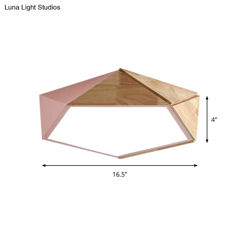 Macron Style Pentagon Study Room Ceiling Lamp In Green/Pink/Yellow - Acrylic & Wood Led Mount Light