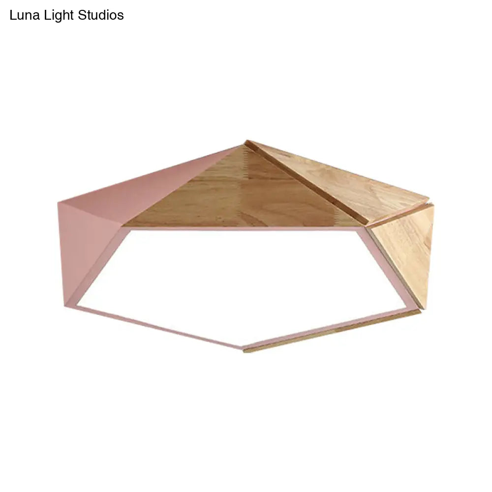 Macron Style Pentagon Study Room Ceiling Lamp In Green/Pink/Yellow - Acrylic & Wood Led Mount Light