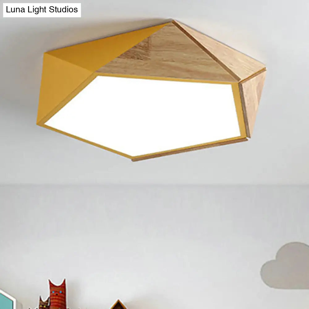 Macron Style Pentagon Study Room Ceiling Lamp In Green/Pink/Yellow - Acrylic & Wood Led Mount Light