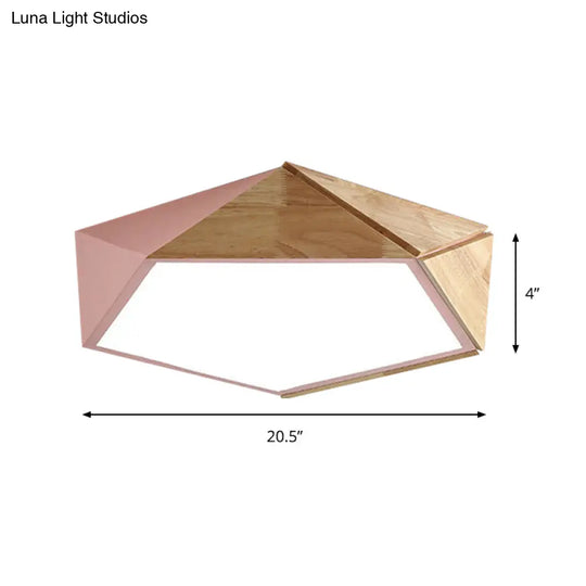 Macron Style Pentagon Study Room Ceiling Lamp In Green/Pink/Yellow - Acrylic & Wood Led Mount Light