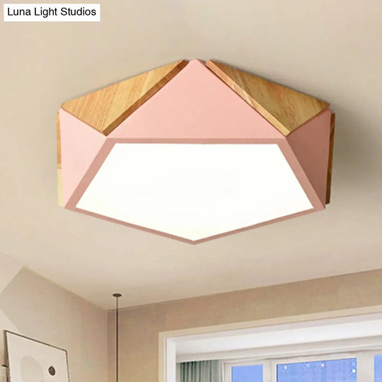 Macron Style Pentagon Study Room Ceiling Lamp In Green/Pink/Yellow - Acrylic & Wood Led Mount Light