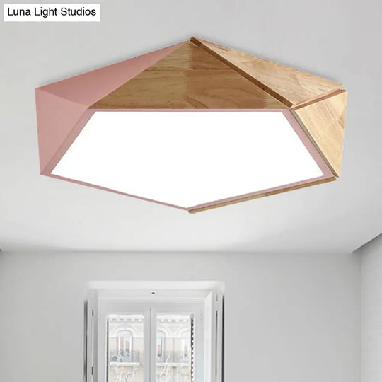 Macron Style Pentagon Study Room Ceiling Lamp In Green/Pink/Yellow - Acrylic & Wood Led Mount Light