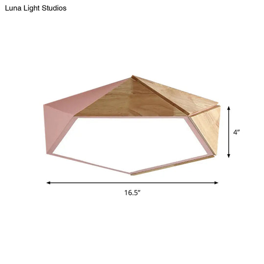 Macron Style Pentagon Study Room Ceiling Lamp In Green/Pink/Yellow - Acrylic & Wood Led Mount Light