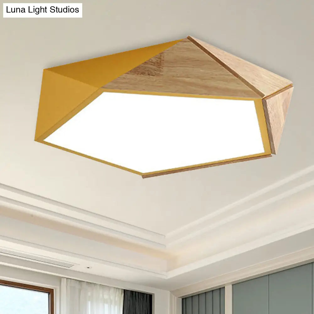 Macron Style Pentagon Study Room Ceiling Lamp In Green/Pink/Yellow - Acrylic & Wood Led Mount Light