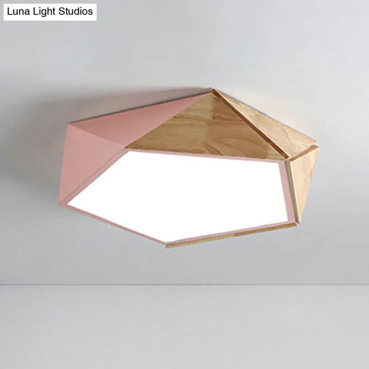 Macron Style Pentagon Study Room Ceiling Lamp In Green/Pink/Yellow - Acrylic & Wood Led Mount Light