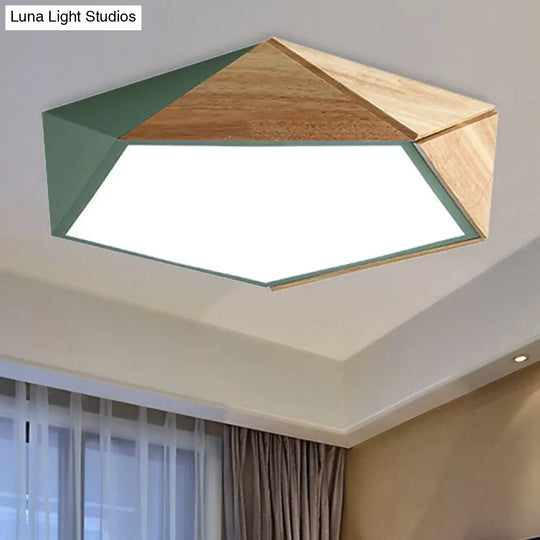 Macron Style Pentagon Study Room Ceiling Lamp In Green/Pink/Yellow - Acrylic & Wood Led Mount Light