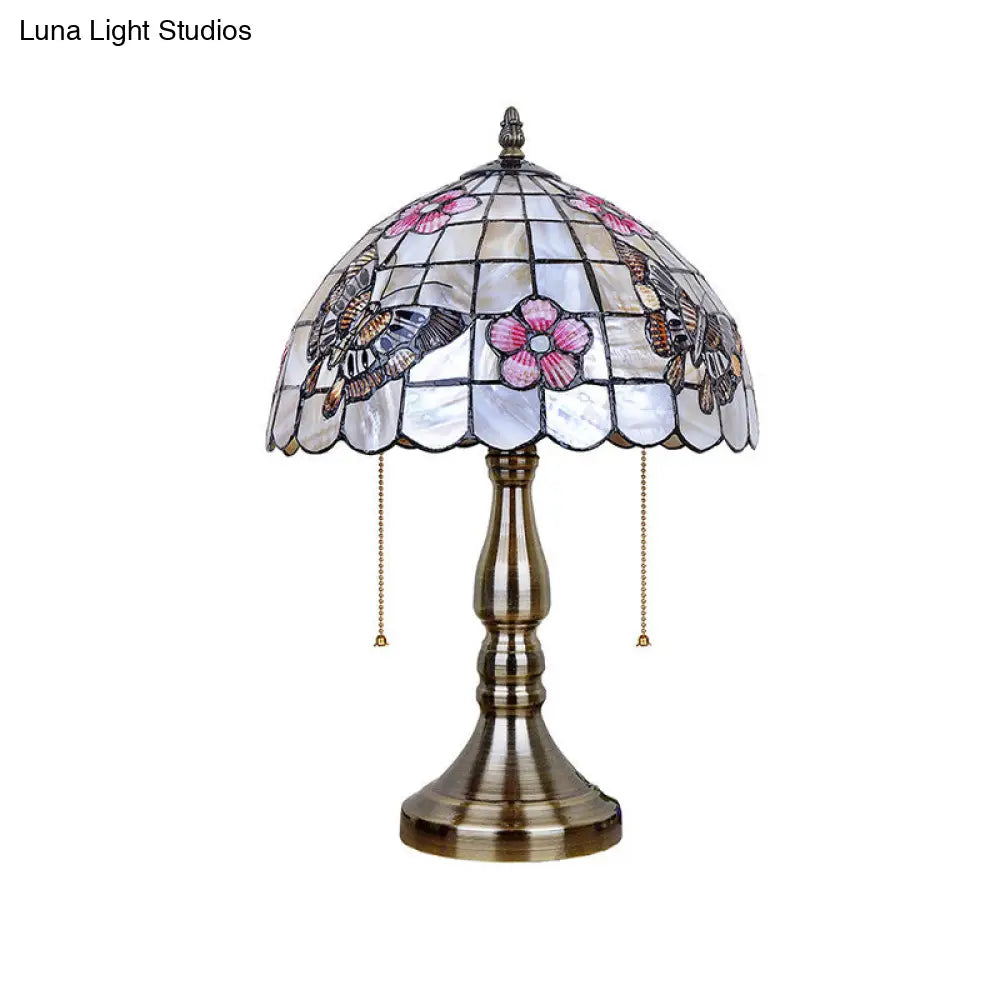 Shell Gridded Bowl Night Light Tiffany Table Lamp With Butterfly-Flower Pattern - Brushed Brass