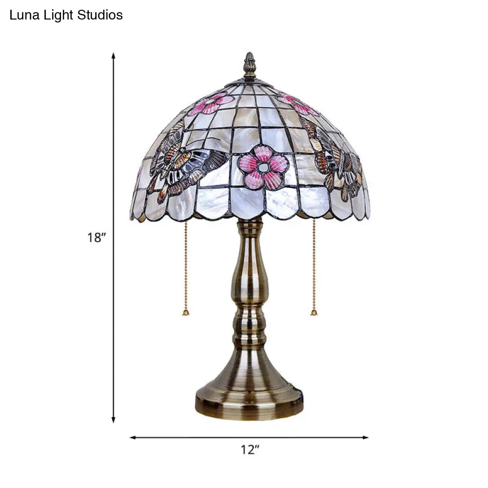 Shell Gridded Bowl Night Light Tiffany Table Lamp With Butterfly-Flower Pattern - Brushed Brass