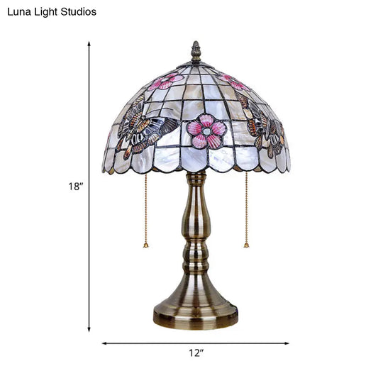 Shell Gridded Bowl Night Light Tiffany Table Lamp With Butterfly-Flower Pattern - Brushed Brass